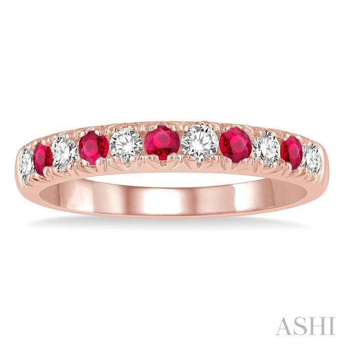 2.3 MM Ruby and 1/4 Ctw Round Cut Diamond Precious Wedding Band in 14K rose Gold