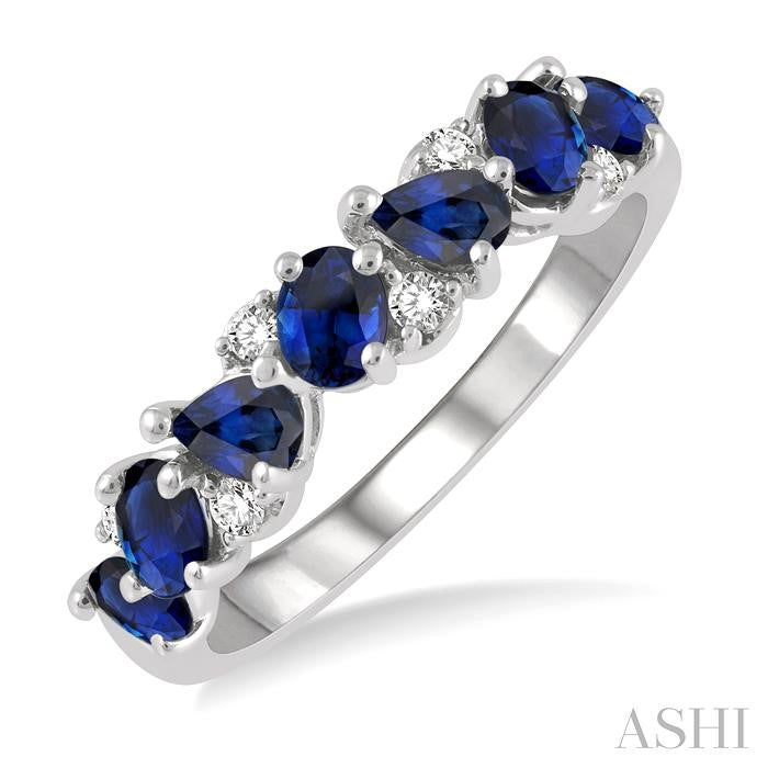 4x3 MM Pear and Oval Shape Sapphire and 1/10 Ctw Round Cut Diamond Precious Band in 14K White Gold