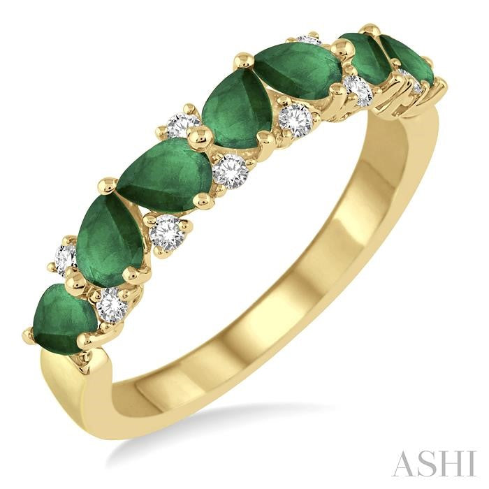 4x3 MM Pear Shape Emerald and 1/6 Ctw Round Cut Diamond Precious Band in 14K Yellow Gold