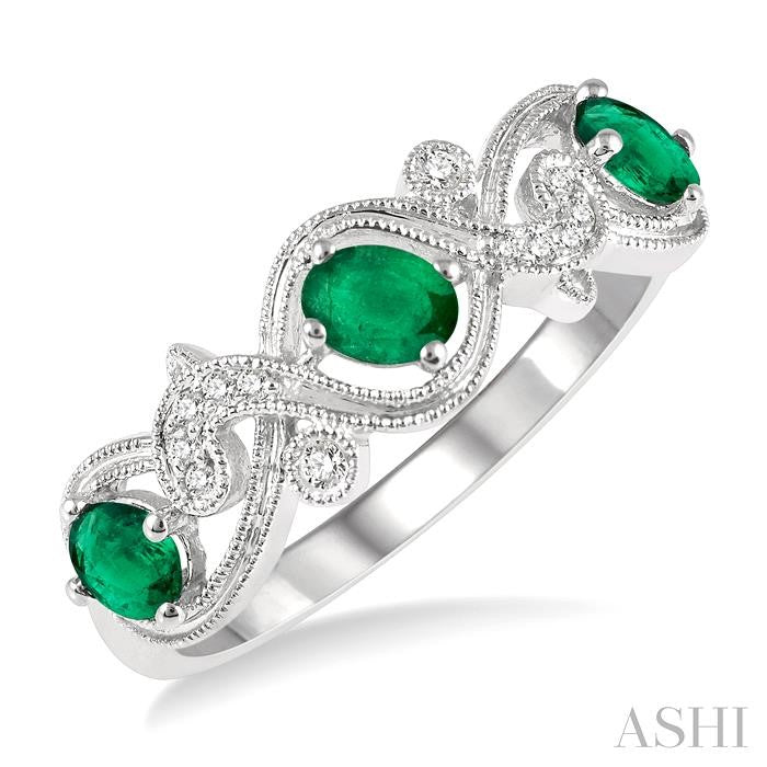 4x3 MM Oval Cut Emerald and 1/20 Ctw Round Cut Diamond Precious Entwined Open Lattice Wedding Band in 14K White Gold