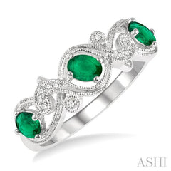 4x3 MM Oval Cut Emerald and 1/20 Ctw Round Cut Diamond Precious Entwined Open Lattice Wedding Band in 14K White Gold