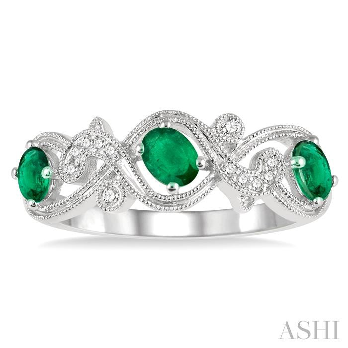 4x3 MM Oval Cut Emerald and 1/20 Ctw Round Cut Diamond Precious Entwined Open Lattice Wedding Band in 14K White Gold