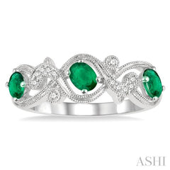 4x3 MM Oval Cut Emerald and 1/20 Ctw Round Cut Diamond Precious Entwined Open Lattice Wedding Band in 14K White Gold
