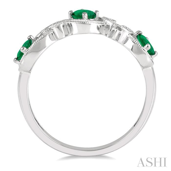 4x3 MM Oval Cut Emerald and 1/20 Ctw Round Cut Diamond Precious Entwined Open Lattice Wedding Band in 14K White Gold