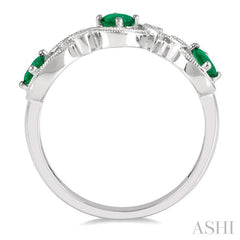 4x3 MM Oval Cut Emerald and 1/20 Ctw Round Cut Diamond Precious Entwined Open Lattice Wedding Band in 14K White Gold