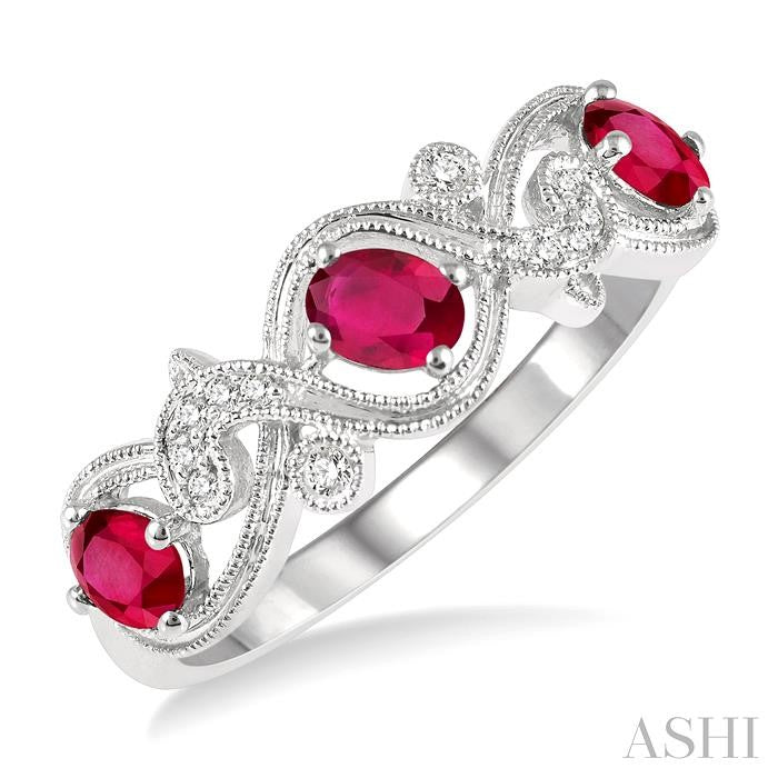 4x3 MM Oval Cut Ruby and 1/20 Ctw Round Cut Diamond Precious Entwined Open Lattice Wedding Band in 14K White Gold