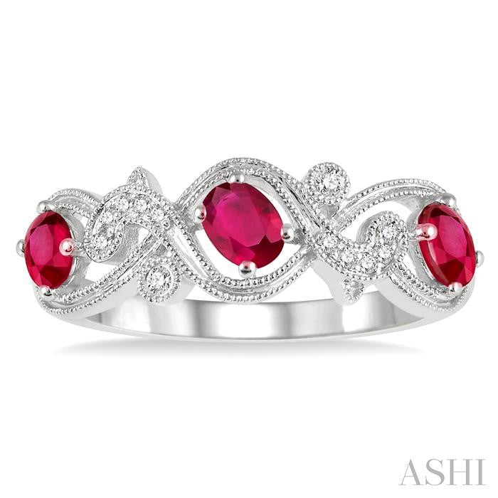 4x3 MM Oval Cut Ruby and 1/20 Ctw Round Cut Diamond Precious Entwined Open Lattice Wedding Band in 14K White Gold