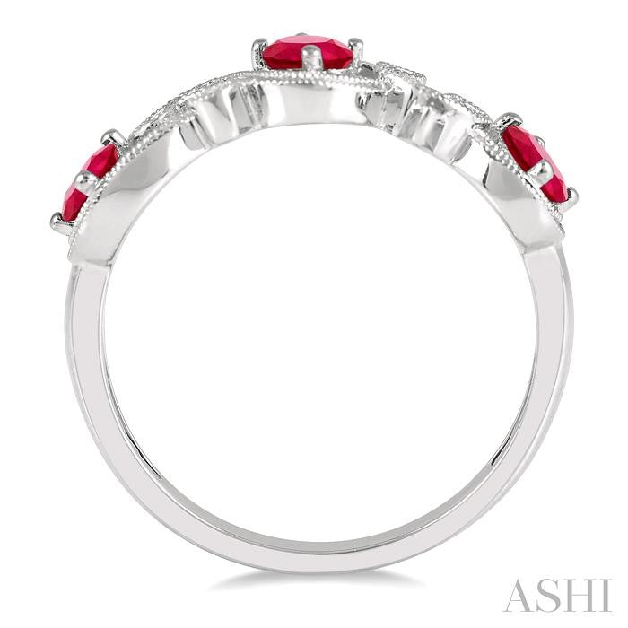 4x3 MM Oval Cut Ruby and 1/20 Ctw Round Cut Diamond Precious Entwined Open Lattice Wedding Band in 14K White Gold
