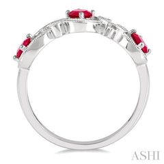4x3 MM Oval Cut Ruby and 1/20 Ctw Round Cut Diamond Precious Entwined Open Lattice Wedding Band in 14K White Gold