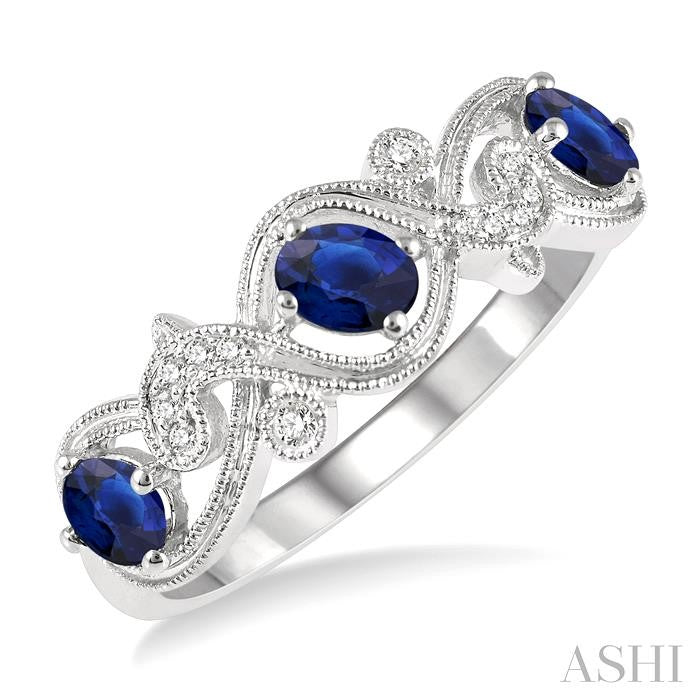 4x3 MM Oval Cut Sapphire and 1/20 Ctw Round Cut Diamond Precious Entwined Open Lattice Wedding Band in 14K White Gold