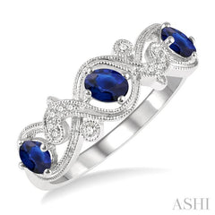 4x3 MM Oval Cut Sapphire and 1/20 Ctw Round Cut Diamond Precious Entwined Open Lattice Wedding Band in 14K White Gold
