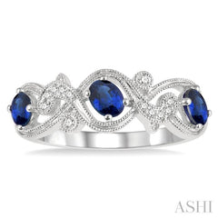 4x3 MM Oval Cut Sapphire and 1/20 Ctw Round Cut Diamond Precious Entwined Open Lattice Wedding Band in 14K White Gold