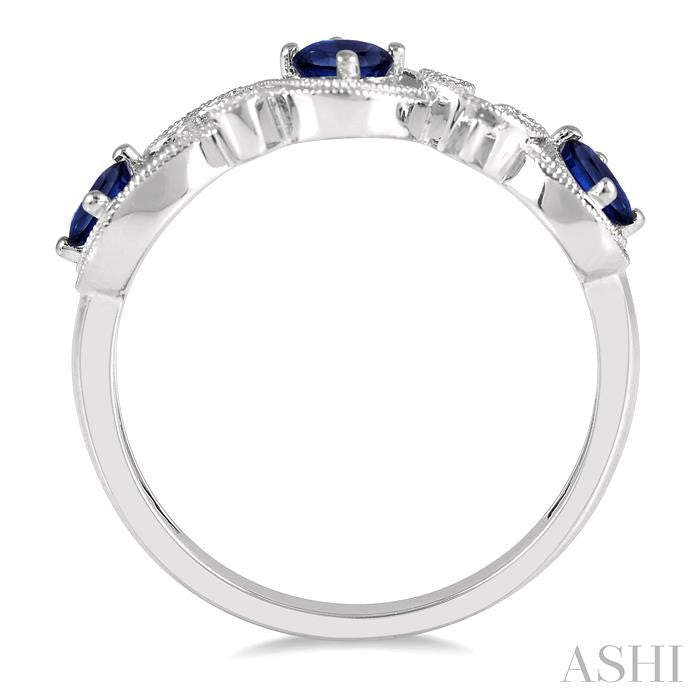 4x3 MM Oval Cut Sapphire and 1/20 Ctw Round Cut Diamond Precious Entwined Open Lattice Wedding Band in 14K White Gold