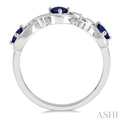 4x3 MM Oval Cut Sapphire and 1/20 Ctw Round Cut Diamond Precious Entwined Open Lattice Wedding Band in 14K White Gold