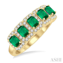 4x3 MM Emerald Shape Emerald and 1/2 Ctw Round Cut Diamond Precious Wedding Band in 14K Yellow Gold