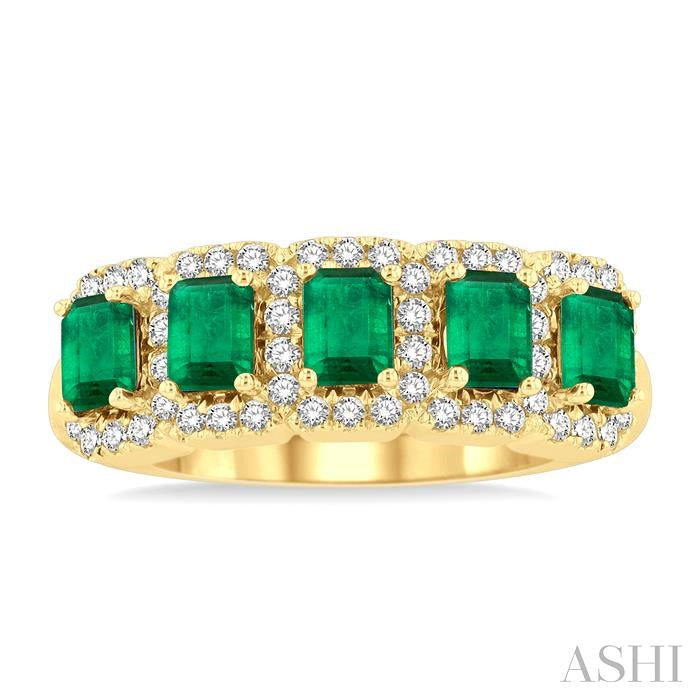 4x3 MM Emerald Shape Emerald and 1/2 Ctw Round Cut Diamond Precious Wedding Band in 14K Yellow Gold