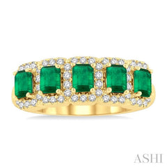 4x3 MM Emerald Shape Emerald and 1/2 Ctw Round Cut Diamond Precious Wedding Band in 14K Yellow Gold