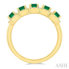 4x3 MM Emerald Shape Emerald and 1/2 Ctw Round Cut Diamond Precious Wedding Band in 14K Yellow Gold