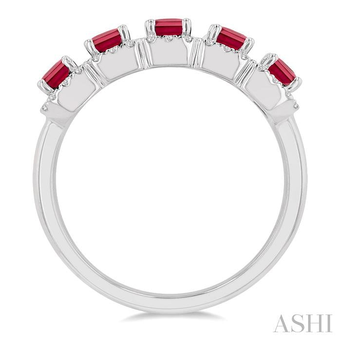 4x3 MM Emerald Shape Ruby and 1/2 Ctw Round Cut Diamond Precious Wedding Band in 14K White Gold
