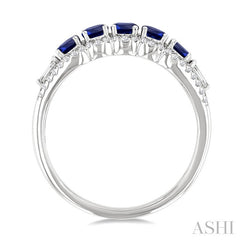 3.1 MM Round Sapphire and 1/4 Ctw Baguette and Round Cut Diamond 5-Stone Precious Ring in 14K White Gold