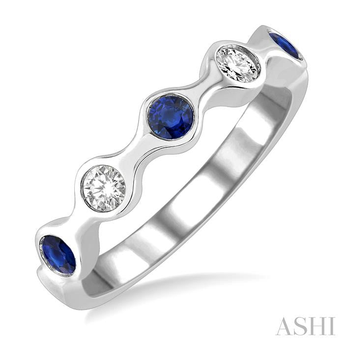 2.8 MM Bezel Set Sapphire and 1/6 Ctw Round Cut Diamond Precious Stackable Band in 14K White Gold