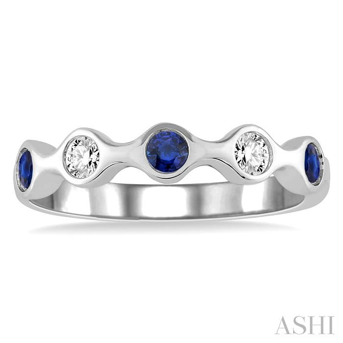 2.8 MM Bezel Set Sapphire and 1/6 Ctw Round Cut Diamond Precious Stackable Band in 14K White Gold