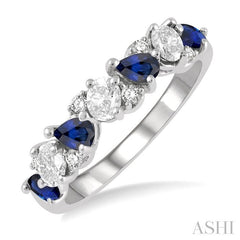 4x3 MM Pear Cut Sapphire & 1/2 Ctw Oval and Round Cut Diamond Precious Band in 14K White Gold