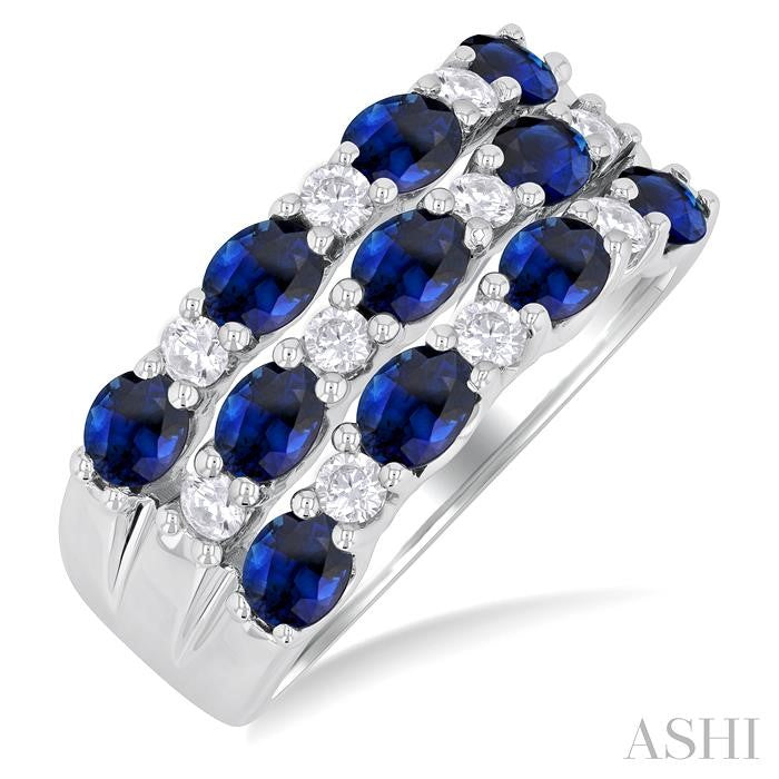 4X3 MM Oval Cut Sapphire and 3/8 Ctw East-West Round Cut Diamond Wide Precious Band in 14K White Gold