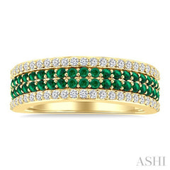 3/8 Ctw Twin Row 1.50MM Round Cut Emerald and Round Cut Diamond Border Precious Fashion Band in 14K Yellow Gold