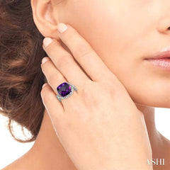 12x12 MM Cushion Cut Amethyst and 1/3 Ctw Round Cut Diamond Semi-Precious Ring in 14K White Gold