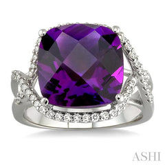 12x12 MM Cushion Cut Amethyst and 1/3 Ctw Round Cut Diamond Semi-Precious Ring in 14K White Gold