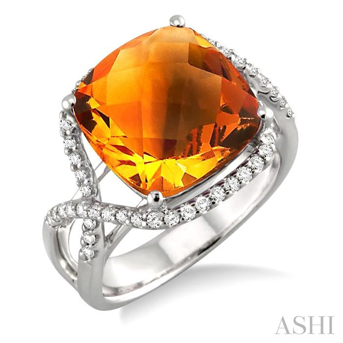 12x12 MM Cushion Cut Citrine and 1/3 Ctw Round Cut Diamond Semi-Precious Ring in 14K White Gold