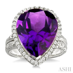 16x13 MM Pear Shape Amethyst and 1/3 Ctw Round Cut Diamond Semi-Precious Ring in 14K White Gold