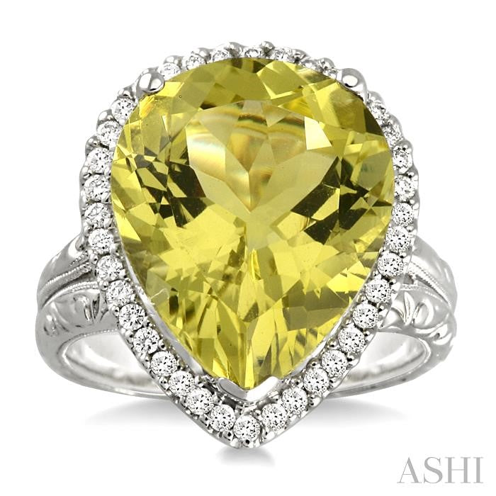 16x13 MM Pear Shape Lemon Quartz and 1/3 Ctw Round Cut Diamond Semi-Precious Ring in 14K White Gold