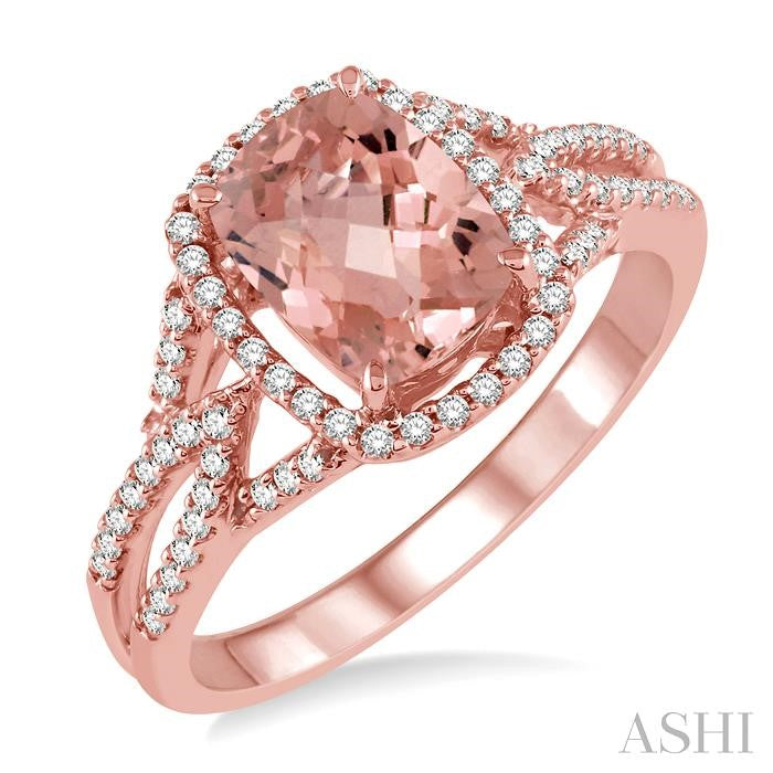 8x6 MM Cushion Shape Morganite and 1/4 Ctw Round Cut Diamond Semi-Precious Ring in 14K Rose Gold