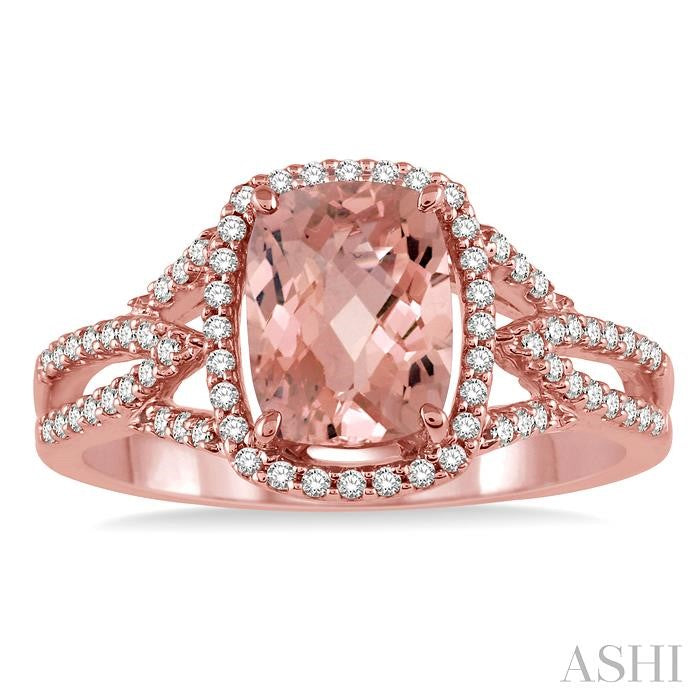 8x6 MM Cushion Shape Morganite and 1/4 Ctw Round Cut Diamond Semi-Precious Ring in 14K Rose Gold