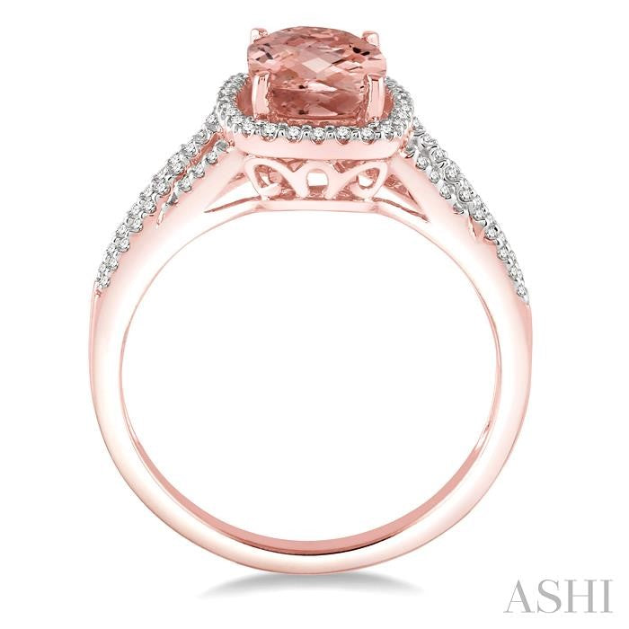 8x6 MM Cushion Shape Morganite and 1/4 Ctw Round Cut Diamond Semi-Precious Ring in 14K Rose Gold