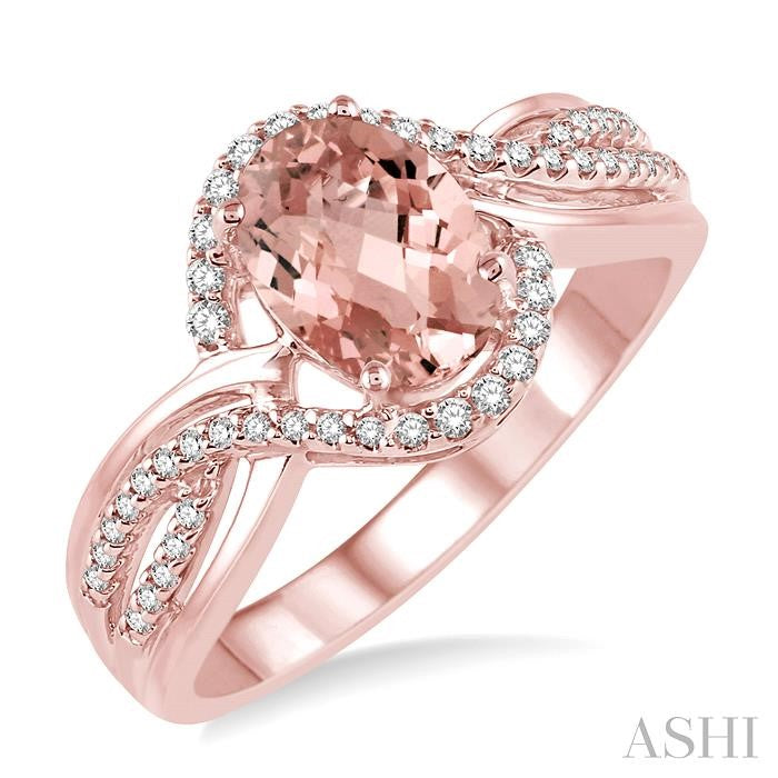8x6 MM Oval Cut Morganite and 1/5 Ctw Round Diamond Split Swirl Semi-Precious Ring in 14K Rose Gold