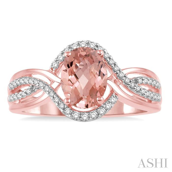 8x6 MM Oval Cut Morganite and 1/5 Ctw Round Diamond Split Swirl Semi-Precious Ring in 14K Rose Gold