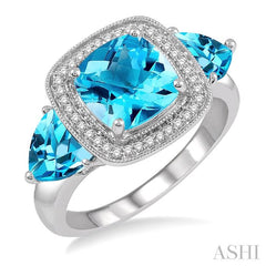 8x8 MM Cushion Shape and 6x6 MM Trillion Cut Blue Topaz and 1/10 Ctw Round Cut Diamond Semi-Precious Ring in 10K White Gold