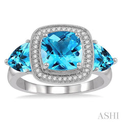 8x8 MM Cushion Shape and 6x6 MM Trillion Cut Blue Topaz and 1/10 Ctw Round Cut Diamond Semi-Precious Ring in 10K White Gold