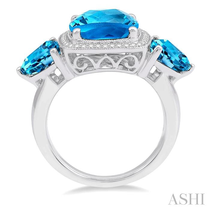 8x8 MM Cushion Shape and 6x6 MM Trillion Cut Blue Topaz and 1/10 Ctw Round Cut Diamond Semi-Precious Ring in 10K White Gold