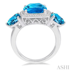 8x8 MM Cushion Shape and 6x6 MM Trillion Cut Blue Topaz and 1/10 Ctw Round Cut Diamond Semi-Precious Ring in 10K White Gold