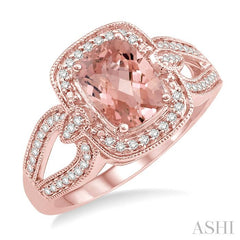 8x6 MM Cushion Shape Morganite Center and 1/5 Ctw Round Diamond Semi-Precious Ring in 14K Rose Gold