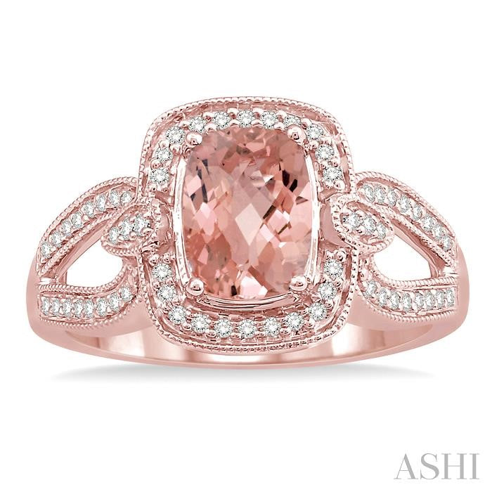 8x6 MM Cushion Shape Morganite Center and 1/5 Ctw Round Diamond Semi-Precious Ring in 14K Rose Gold
