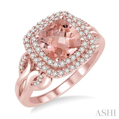7x7 MM Cushion Shape Morganite and 1/3 Ctw Round Diamond Double Row Semi-Precious Ring in 10K Rose Gold