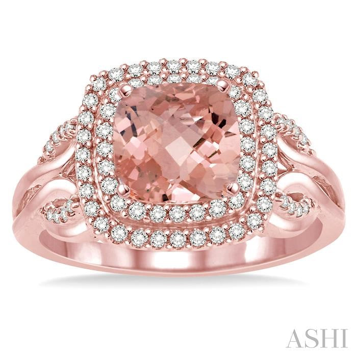 7x7 MM Cushion Shape Morganite and 1/3 Ctw Round Diamond Double Row Semi-Precious Ring in 10K Rose Gold