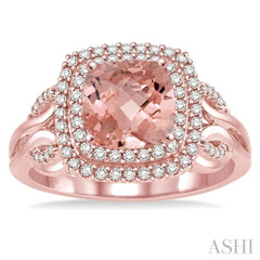 7x7 MM Cushion Shape Morganite and 1/3 Ctw Round Diamond Double Row Semi-Precious Ring in 10K Rose Gold