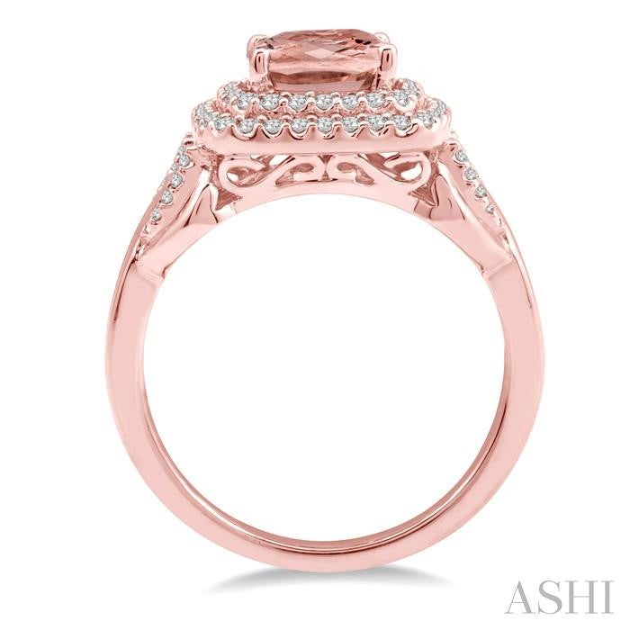 7x7 MM Cushion Shape Morganite and 1/3 Ctw Round Diamond Double Row Semi-Precious Ring in 10K Rose Gold
