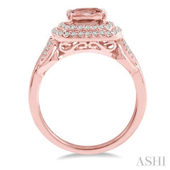 7x7 MM Cushion Shape Morganite and 1/3 Ctw Round Diamond Double Row Semi-Precious Ring in 10K Rose Gold